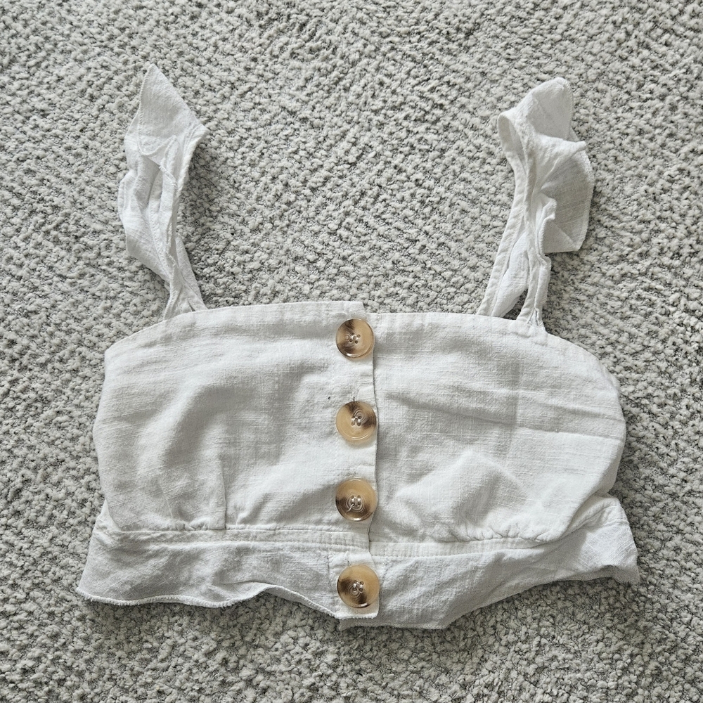 PRINCESS POLLY White Ruffle Crop Top Button front US 2